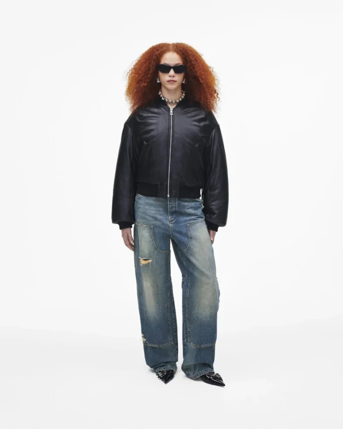 Puffy Leder-Bomberjacke